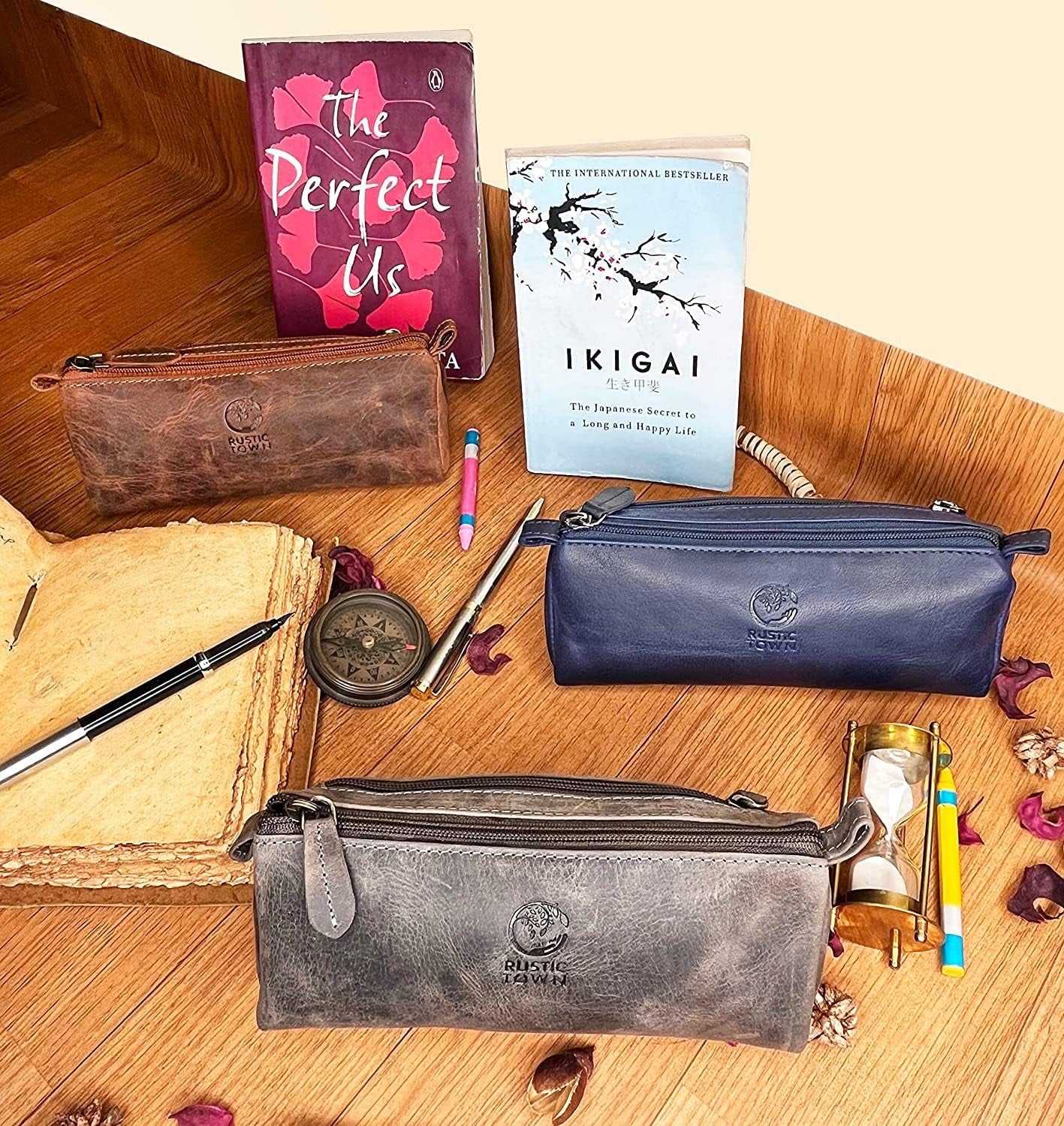 Leather Pencil Case - Full Grain Leather Zippered Pen Pouch - Stationery Bag Pen Holder for Work & Office