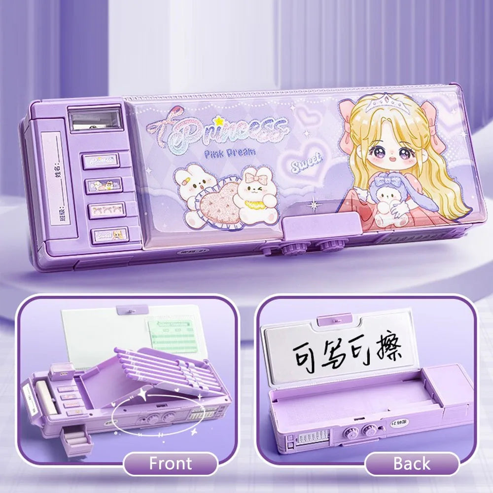 Cartoon Double Layer Pencil Case Large Capacity with Combination Lock Stationery Box Stationery Organizer Back to School Gift