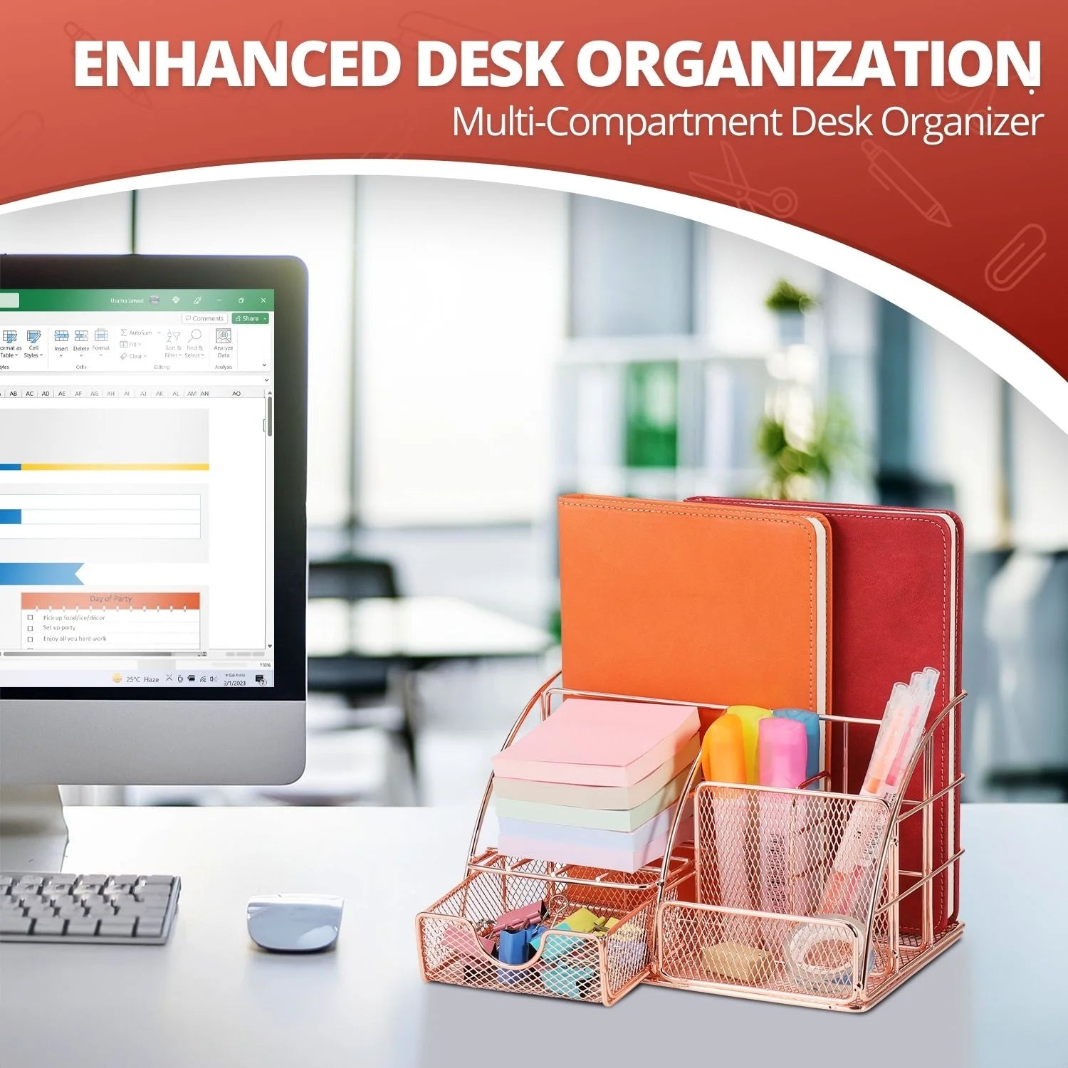 Metal Mesh Desktop Organizer with Drawer, Rose Gold