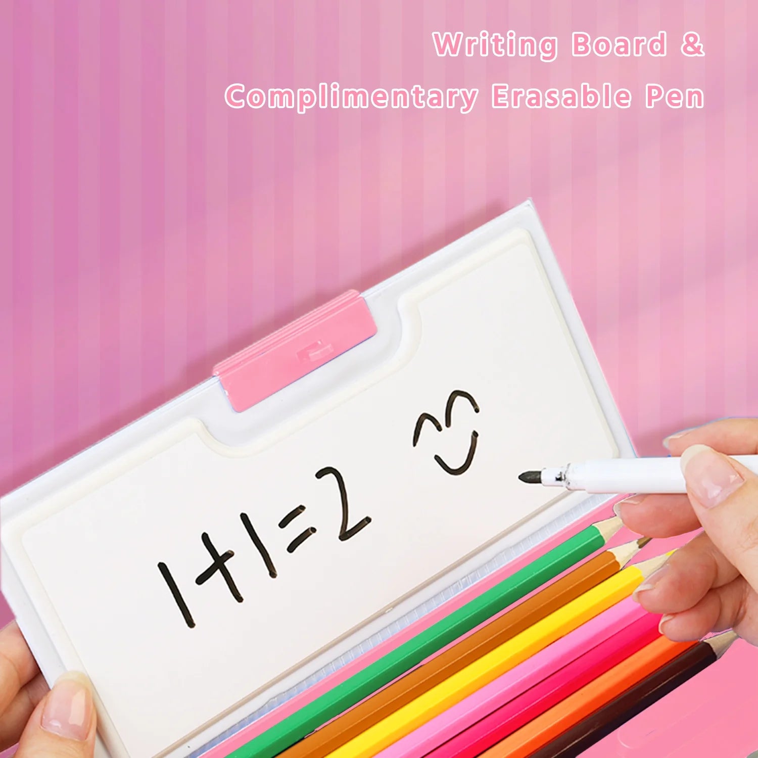 Pop up Multi Function Pencil Case (6-12), Cute Cartoon Pencil Box with Sharpener, Schedule, Whiteboard(Pink-Happy Day, with Password Lock)