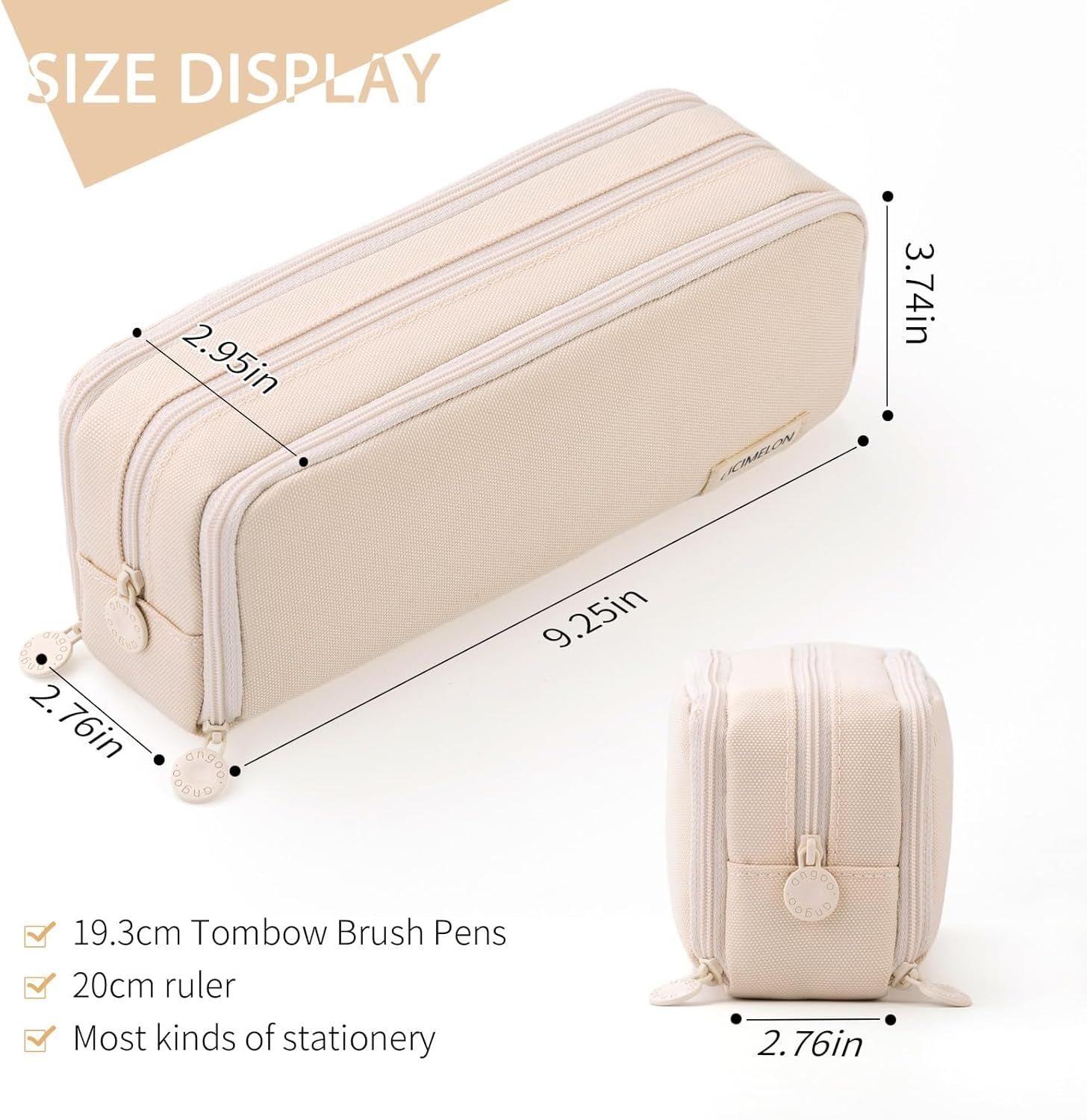 Large Capacity Pencil Case 3 Compartment Pouch Pen Bag for School Teen Girl Boy Men Women (Beige)