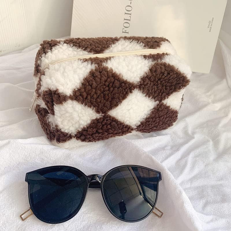 3Pcs Checkered Plush Makeup Bag Terry Cloth Cosmetic Bag Zipper Travel Toiletry Bag Organizer Soft Pencil Pouch Case Makeup Brushes Storage Bag for Women Girlsps