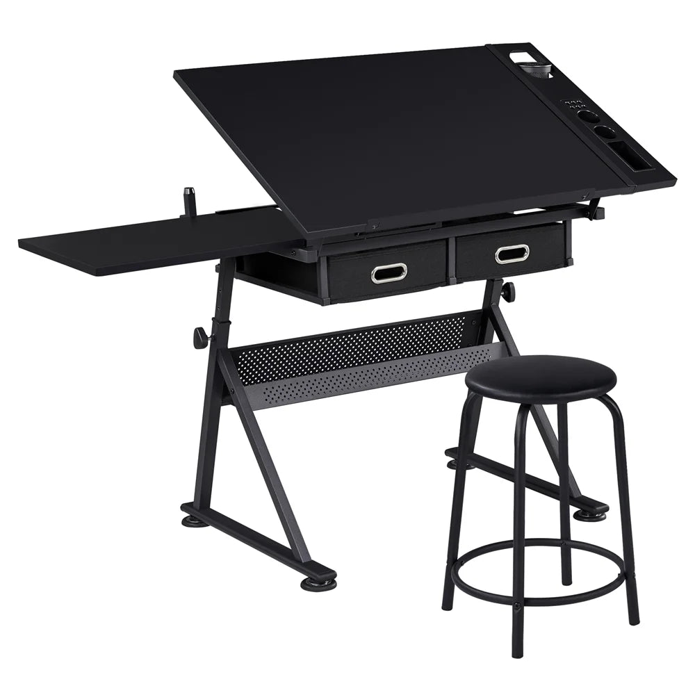 Adjustable Drafting Table with Stool, Black