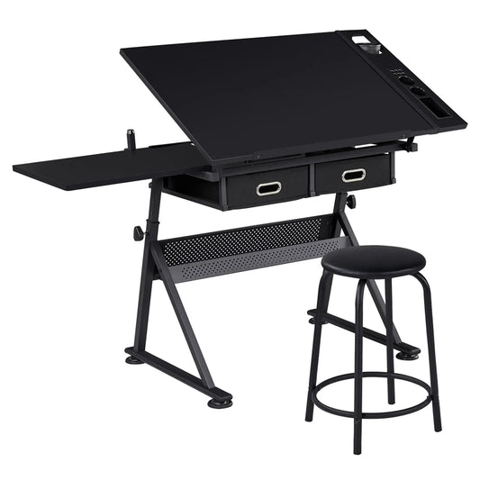 Adjustable Drafting Table with Stool, Black
