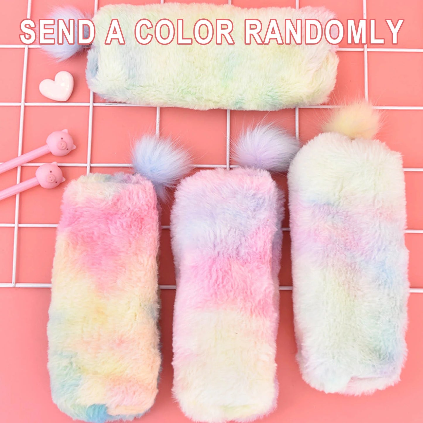 Back to Supplies, Gradient Bag Pouch Capacity Pencil Case Zipper Stationery Fleecy Hairball Large Office & Stationery Pencil Box,Pencil Case Bag