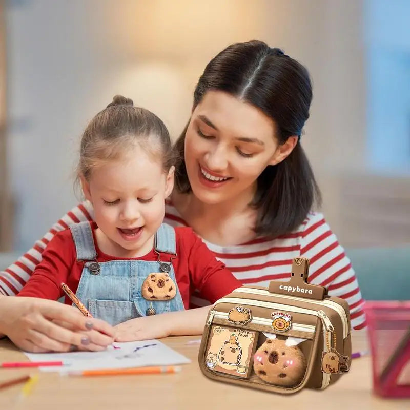 Large Capacity Pencil Case F-Lip Cover Stationery Pencil Bag Simple Capybara Stationery Storage Bag School Office Supplies