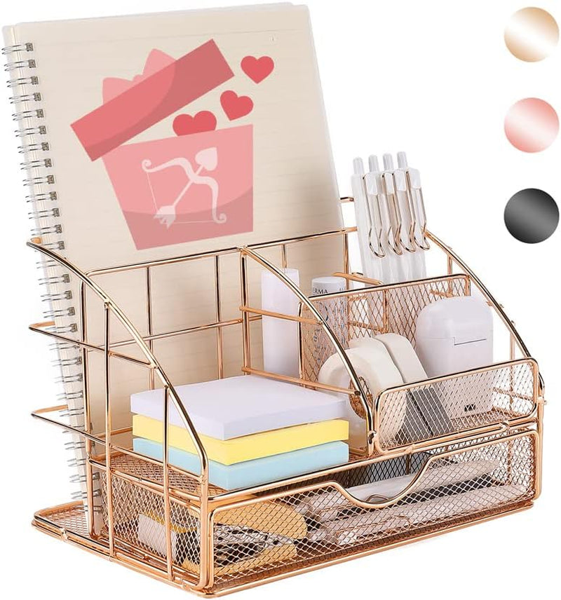 UPGRADE Desk Organizer, Mesh Office Supplies Desk Accessories, Office Desktop Pen Holder Caddy with 5 Compartments and 1 Large Drawer for School Office Bedroom Home (Champagne Gold)