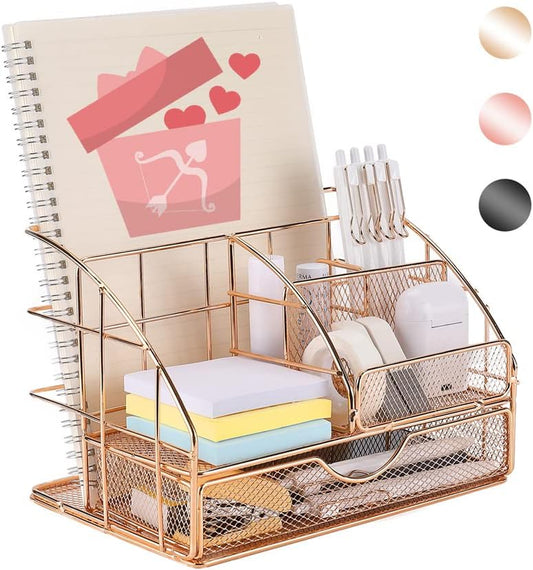 UPGRADE Desk Organizer, Mesh Office Supplies Desk Accessories, Office Desktop Pen Holder Caddy with 5 Compartments and 1 Large Drawer for School Office Bedroom Home (Champagne Gold)