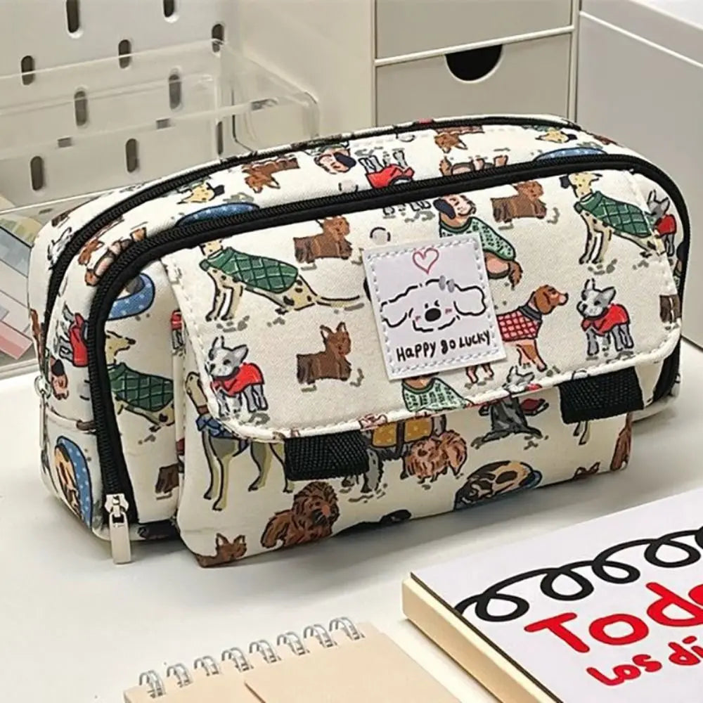 Fashion Cartoon Canvas Pen Bag Cute Cat Flip Cover Pencil Case Portable Large Capacity Retro Puppy Pen Pouch for Student Office
