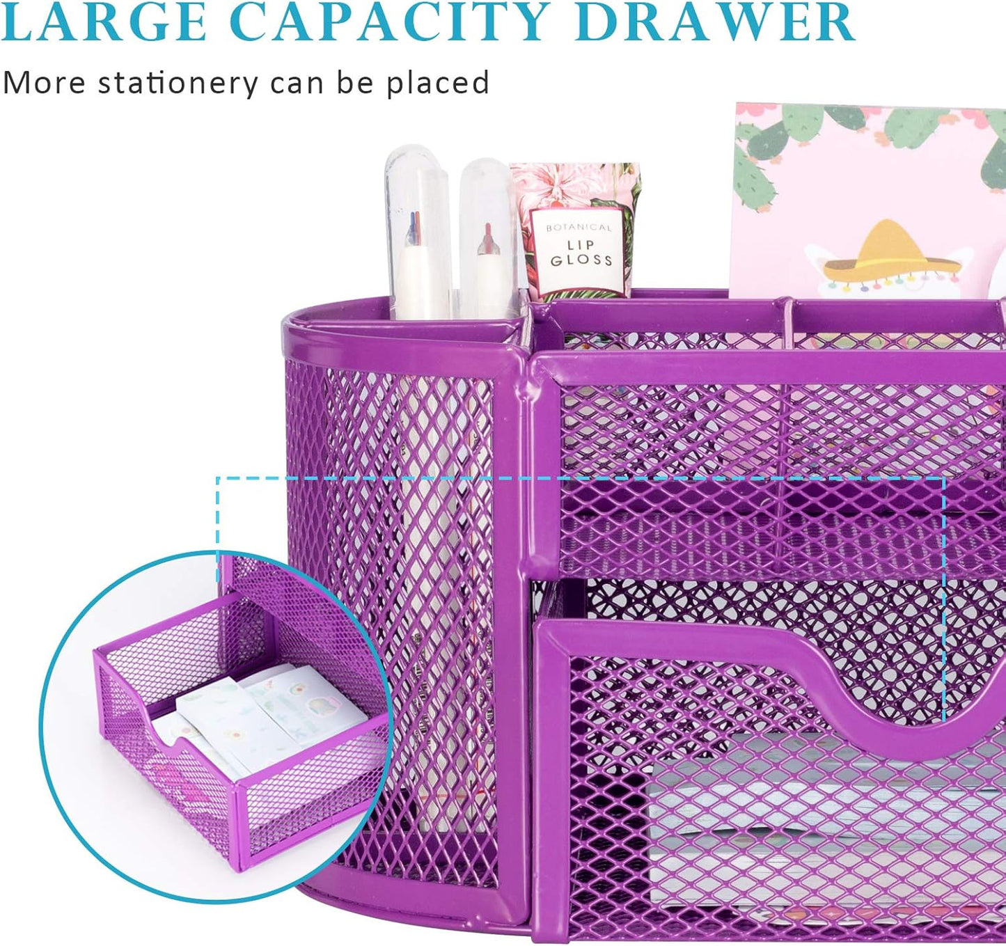 Mesh Desk Organizer with 9 Compartments, Office Desktop Organizer with Drawer, Metal Stationary Organizer, Desk Caddy for Office Accessories (Rose Red)