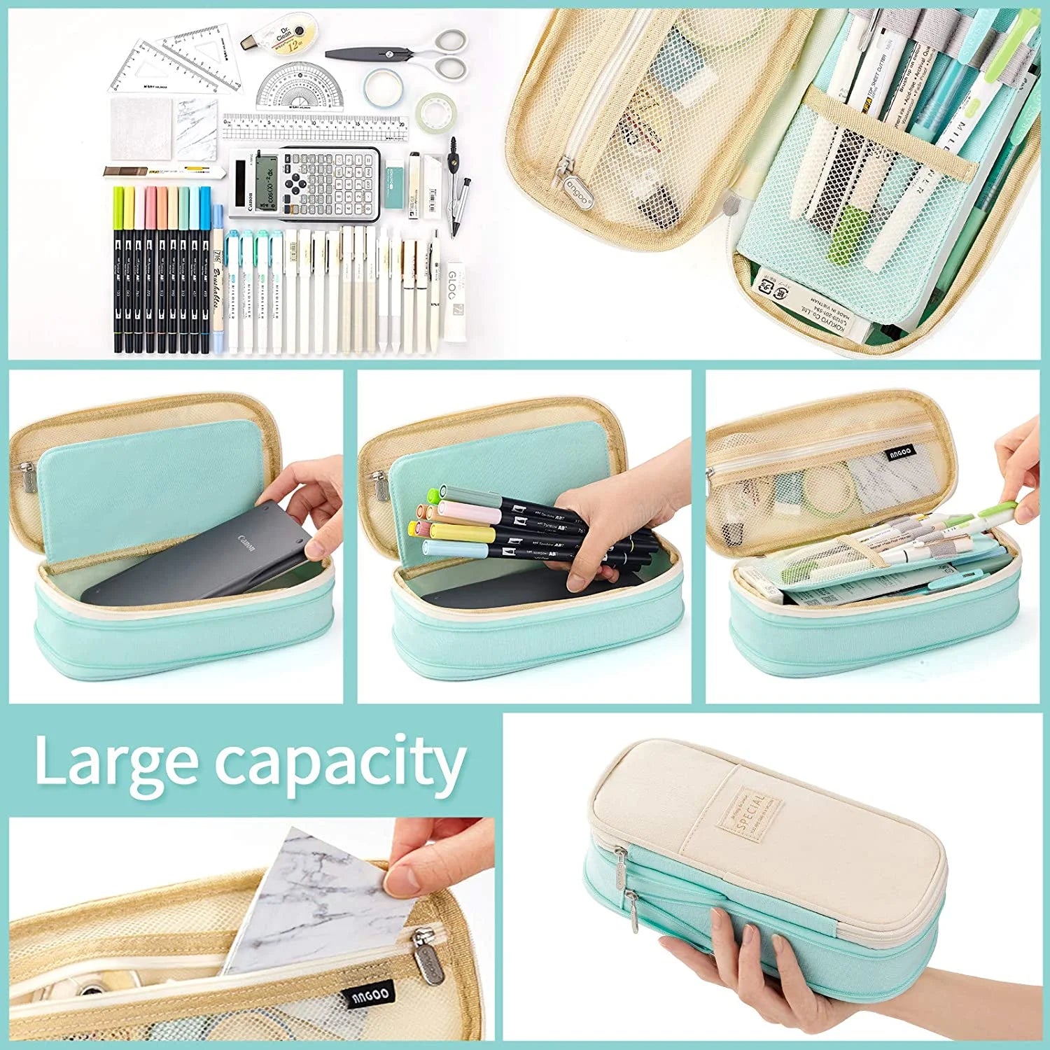 Big Capacity Pencil Pen Case Large Storage Pencil Bag Pouch Organizer (Cyan)