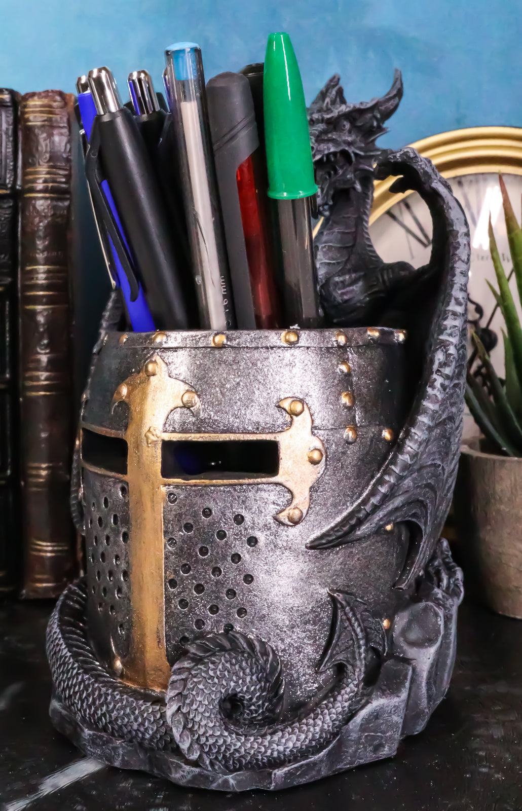 Dragon Statue with Warrior Helmet Desktop Utility Stationery Pencil Holder Organ