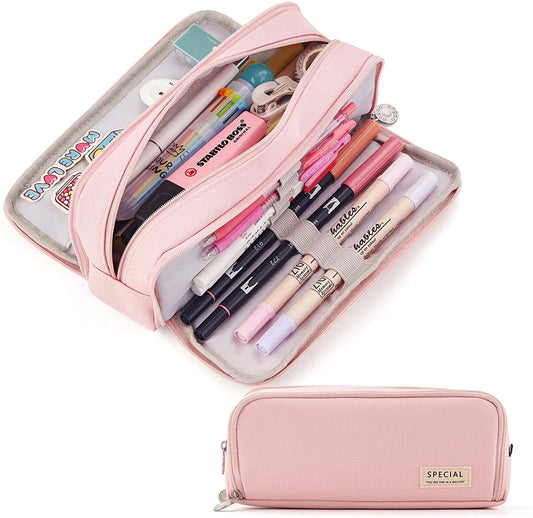 Large Capacity Pencil Case 3 Compartments Pen Pouch Pencil Bag for Students Girls Adults Women (PINK)