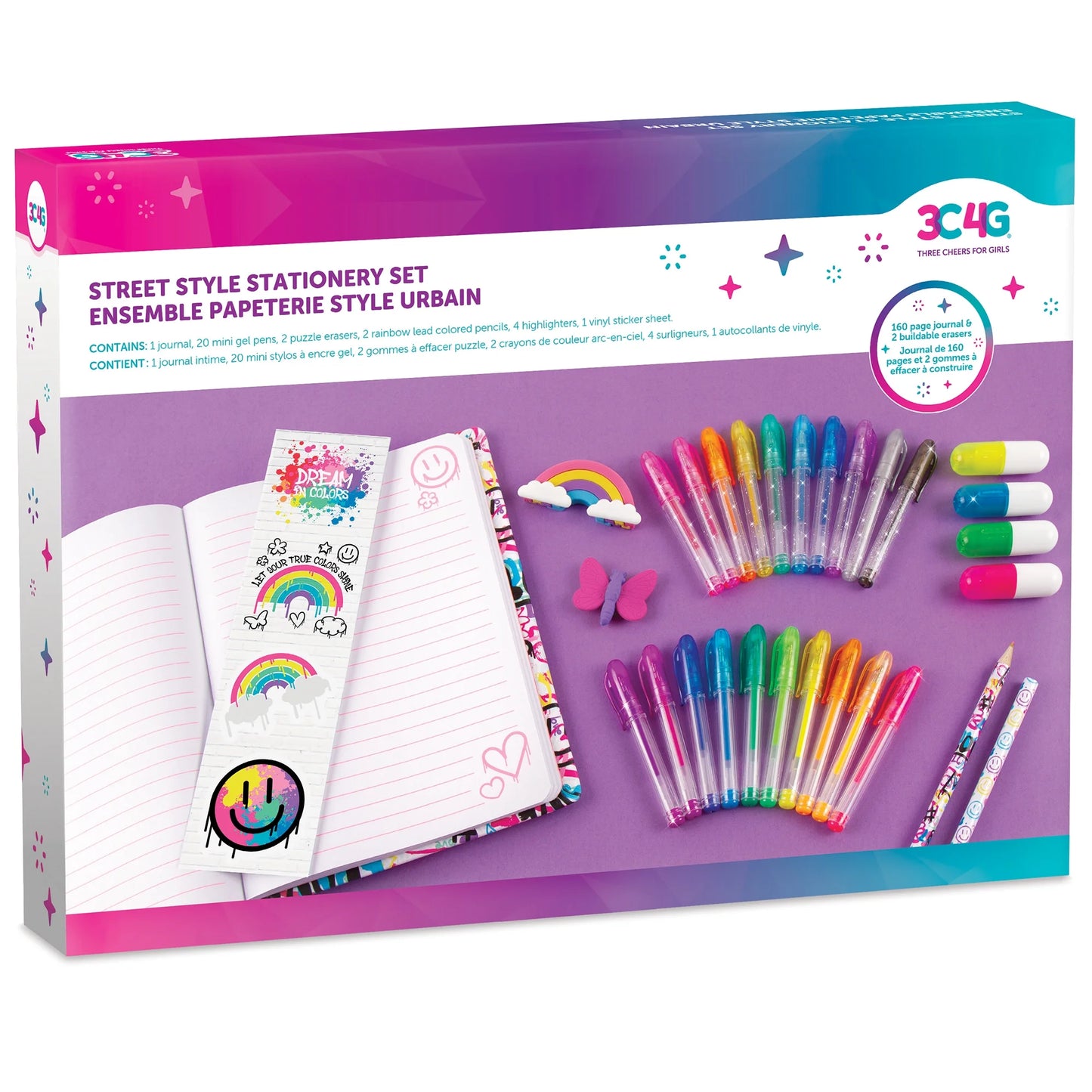 3C4G: Street Style 30 Piece Stationery Set - Includes 20 Mini Gel Pens, 2 Erasers, 2 Colored Pencils, 4 Highlighters & Sticker Sheet, Tweens & Girls 6+