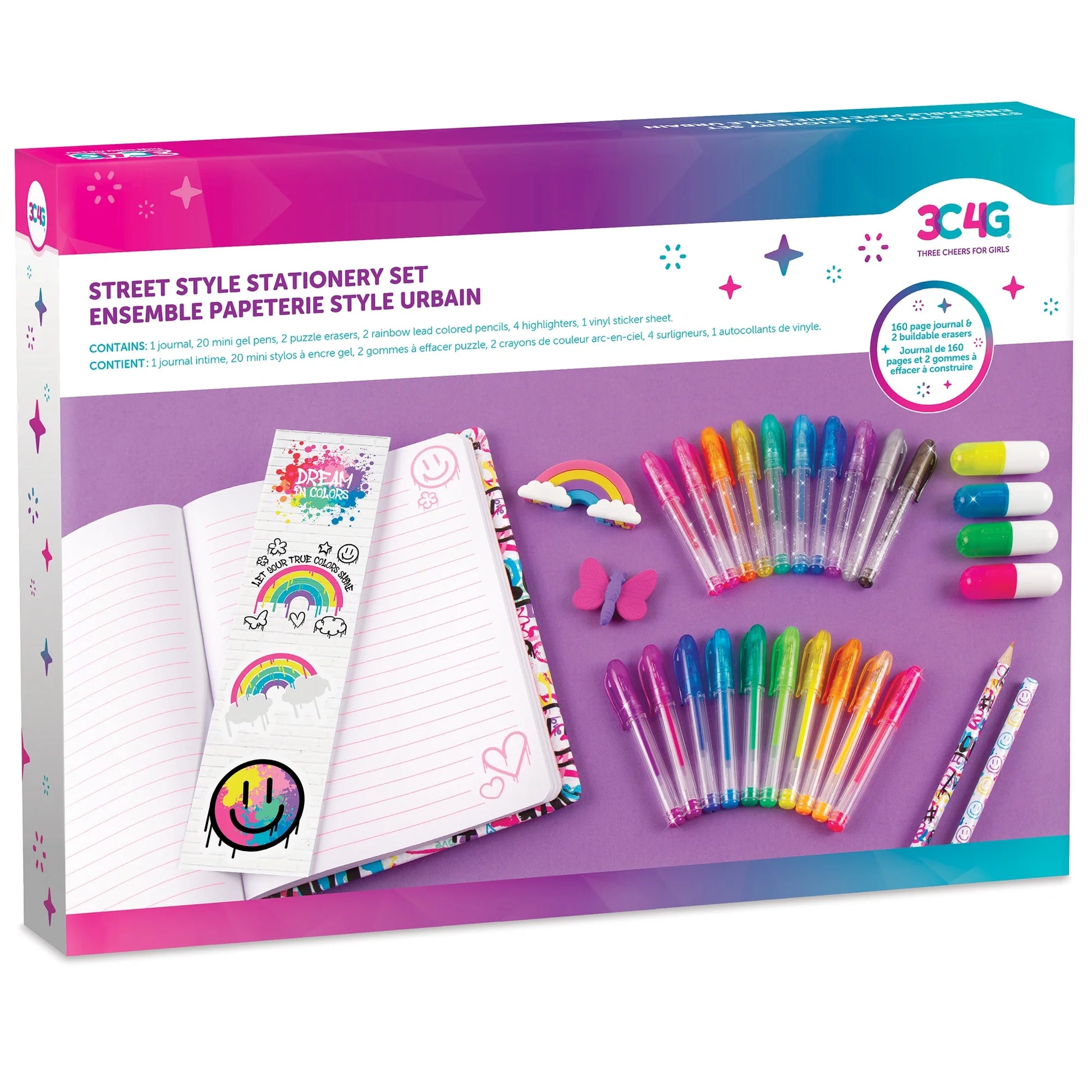 3C4G: Street Style 30 Piece Stationery Set - Includes 20 Mini Gel Pens, 2 Erasers, 2 Colored Pencils, 4 Highlighters & Sticker Sheet, Tweens & Girls 6+