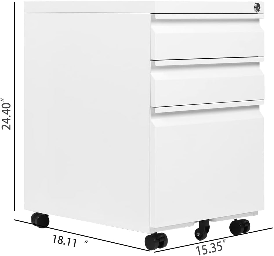 3 Drawer Mobile File Cabinet under Desk,Metal Filing Cabinet with 5 Caster for Letter Size,White 18.81" D X 15.35" W X 24.4" H…