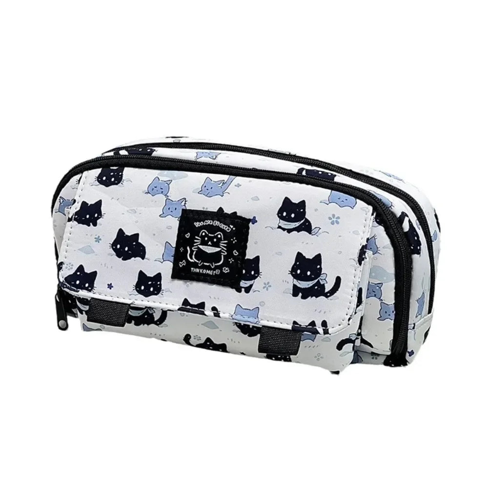 Fashion Cartoon Canvas Pen Bag Cute Cat Flip Cover Pencil Case Portable Large Capacity Retro Puppy Pen Pouch for Student Office