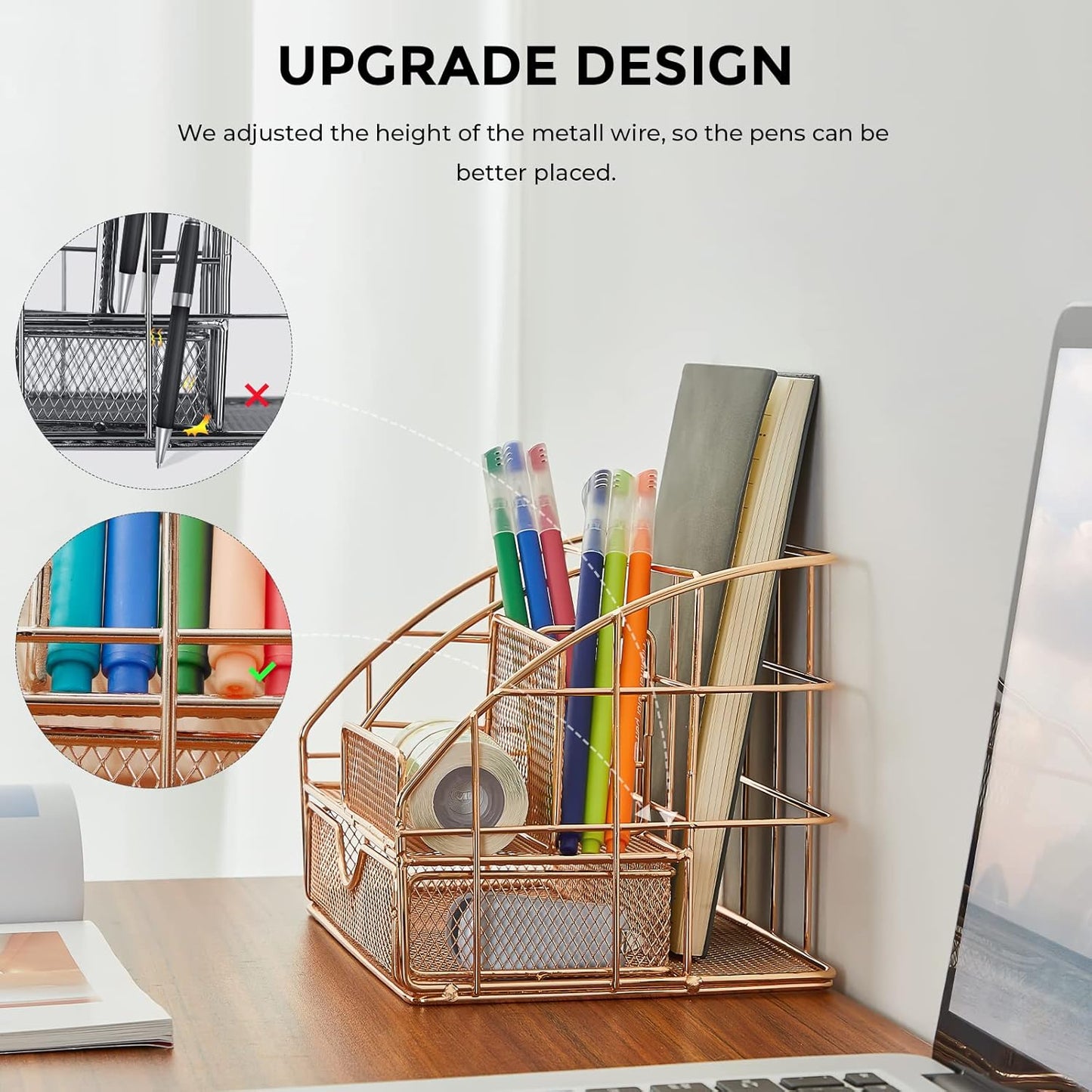 UPGRADE Desk Organizer, Mesh Office Supplies Desk Accessories, Office Desktop Pen Holder Caddy with 5 Compartments and 1 Large Drawer for School Office Bedroom Home (Champagne Gold)