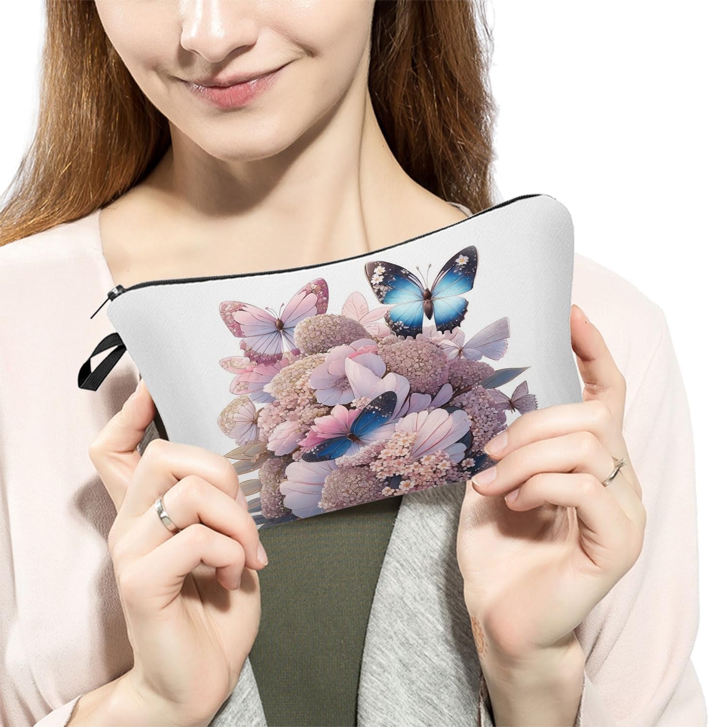 Butterfly Pink Floral Cosmetic Bag Cute Small Makeup Organizer Pouch with Zipper Butterfly Floral Hydrangea Toiletry Makeup Bag Aesthetic Presents for Butterfly Lovers Women