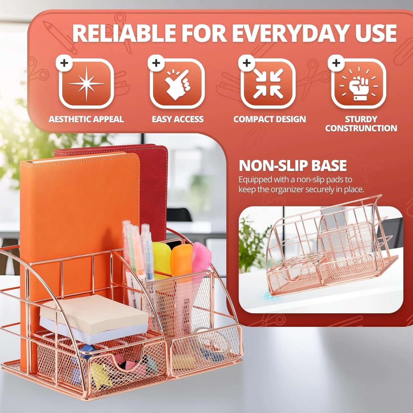 Metal Mesh Desktop Organizer with Drawer, Rose Gold