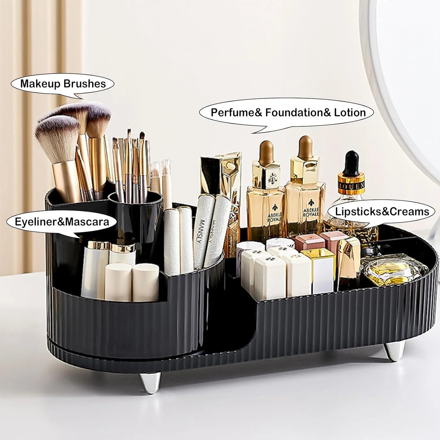 Makeup Organizer, Rotating Makeup Organizer for Vanity with Brush Holder, Cosmetic Organizer, Large Spinning Makeup Skincare Organizer for Perfume Jewellry Lipstick, Black