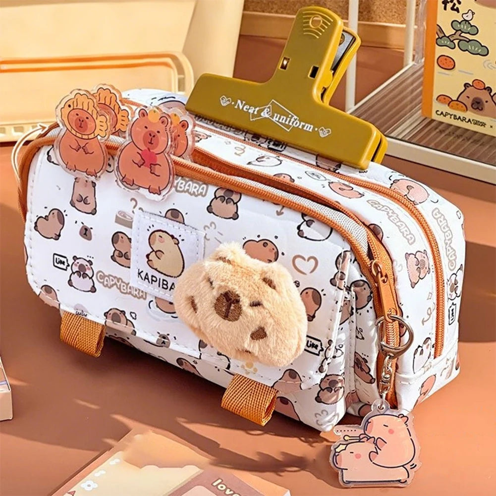 Cute Capybara Four-Layer Pen Bag Cartoon Large Capacity Pencil Case Stationery Organizer Storage Bag Students Stationeries