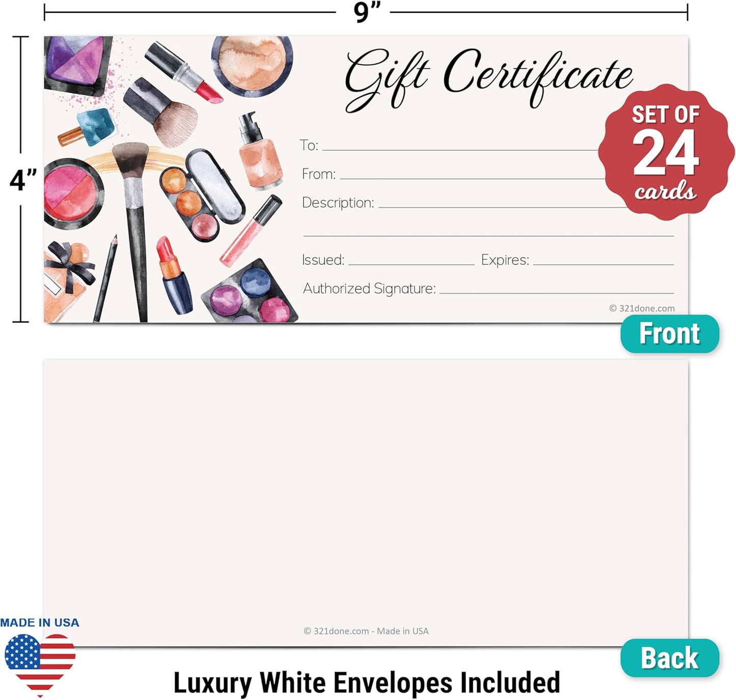 Beauty Gift Certificates (Set of 24 with Envelopes) 4X9 Inches Blank for Makeup Small Business, Voucher, Salon Spa Cosmetics Sales Rep - Made in USA