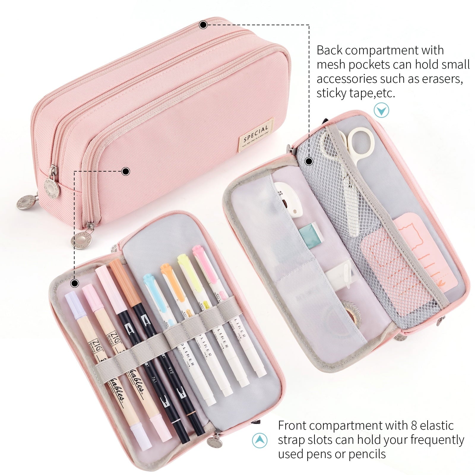 Large Capacity Pencil Case 3 Compartments Pen Pouch Pencil Bag for Students Girls Adults Women (PINK)