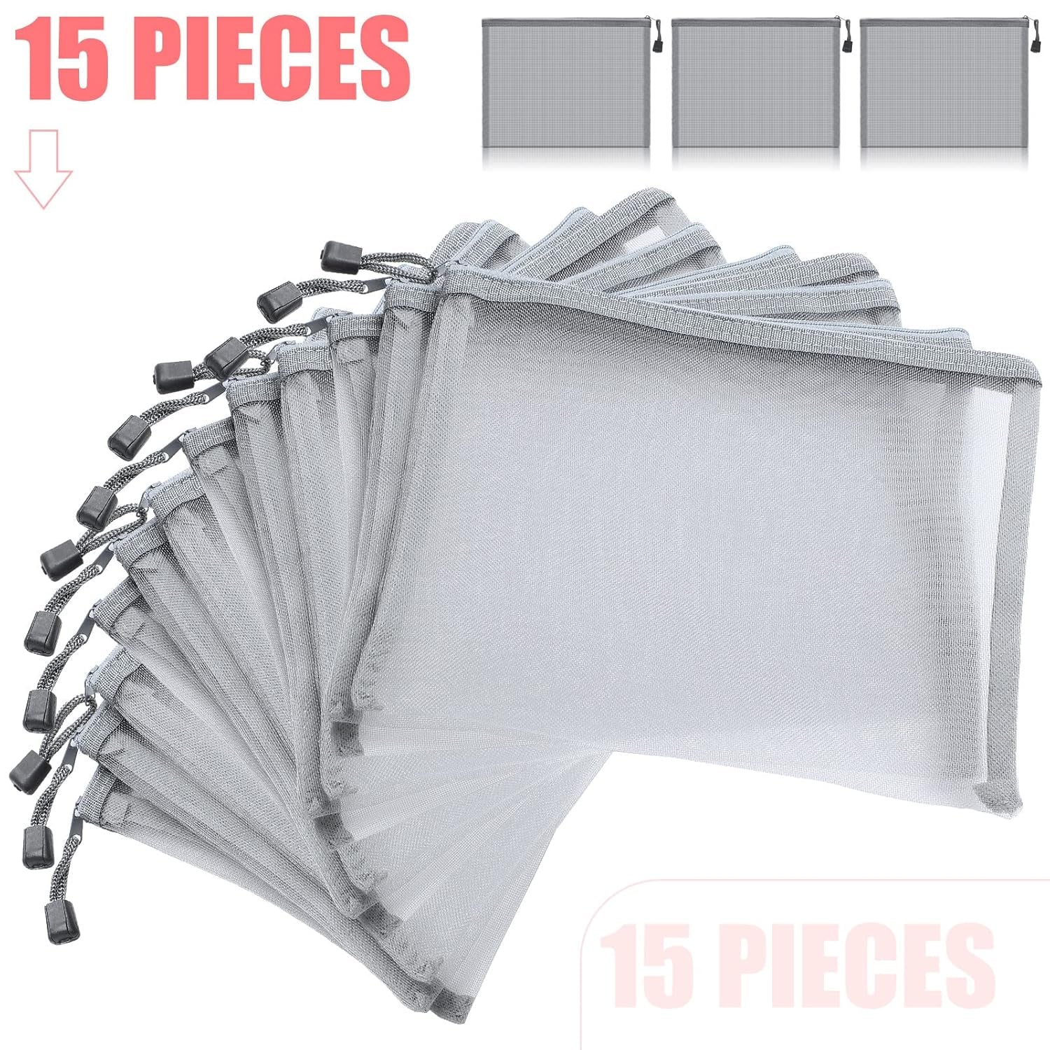 15 Pieces Mesh Bags Mesh Zipper Pouch Makeup Bags Cosmetic Travel Organizer Pouch Pencil Case(9.84 X 7.09 Inches,Gray)