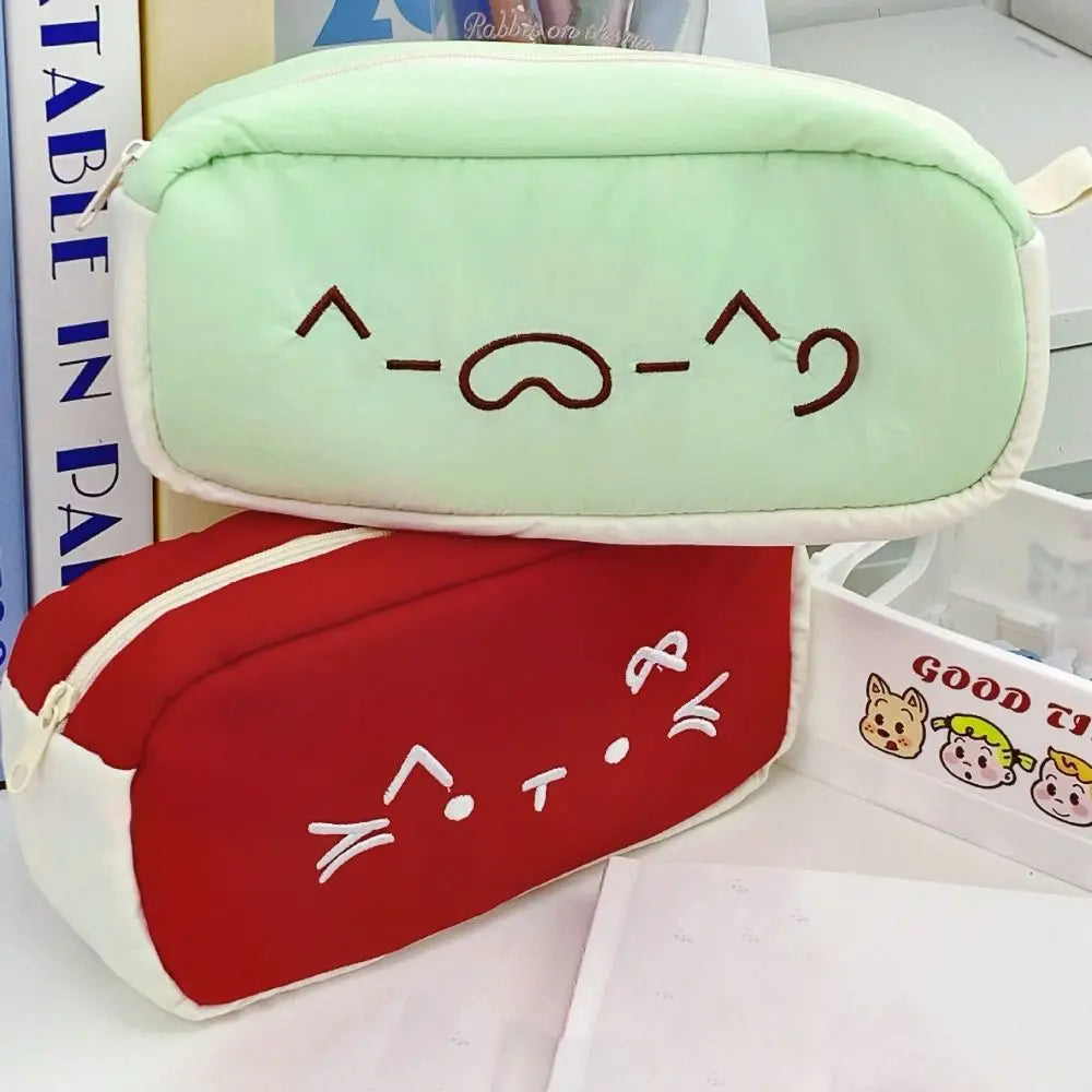 Fashion Cartoon Canvas Pen Bag Cute Cat Flip Cover Pencil Case Portable Large Capacity Retro Puppy Pen Pouch for Student Office