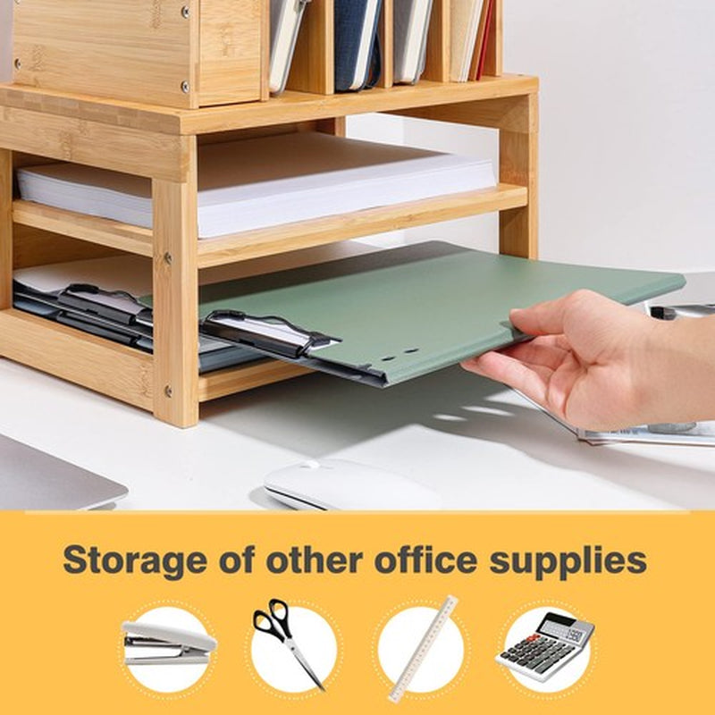 Bamboo Desk Organizer with File Holder Office Organization for Desks Adjustable
