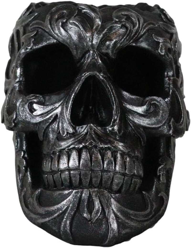 Set of 2 Tribal Tattoo Floral Skull Pen Holder Figurine 5.75" L Office Desktop Ossuary Skulls Decor Cranium Skeleton Head Stationery Holder as Halloween Macabre Graveyard Spooky Statue