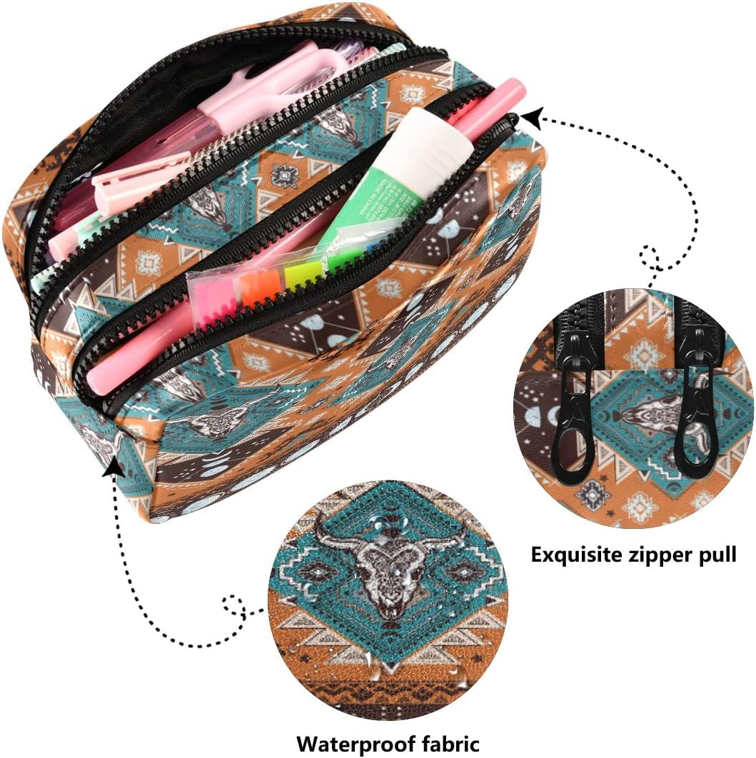 Indian Tribal Aztec Ornament Geometric Pattern with Skulls Cosmetic Bag Leather Pencil Case Waterproof Portable Travel Makeup Pouch with Zipper for Women