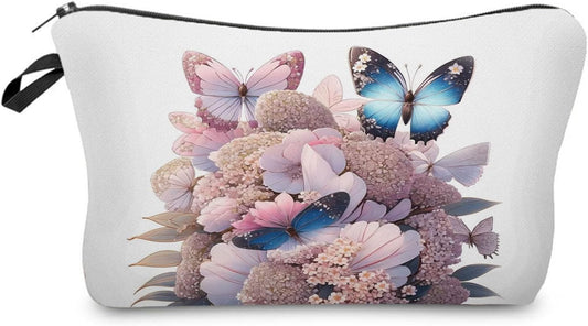 Butterfly Pink Floral Cosmetic Bag Cute Small Makeup Organizer Pouch with Zipper Butterfly Floral Hydrangea Toiletry Makeup Bag Aesthetic Presents for Butterfly Lovers Women