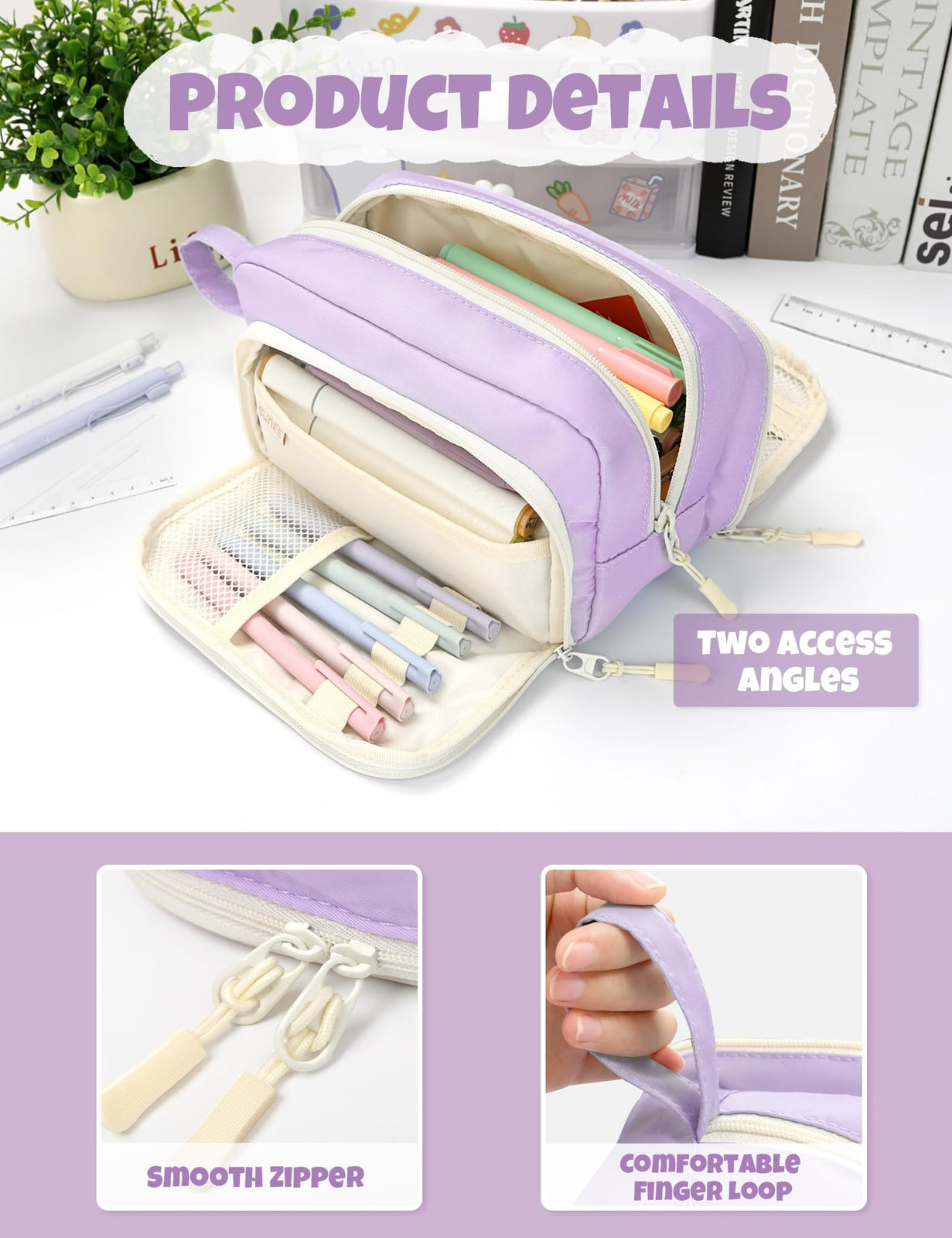 Cute Pencil Case, Aesthetic Pen Pouch with 3 Compartments, Kawaii Colored Lar...