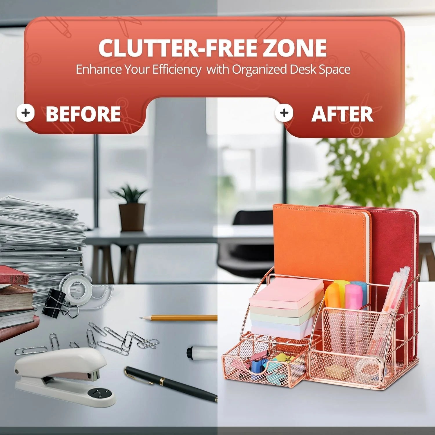 Metal Mesh Desktop Organizer with Drawer, Rose Gold