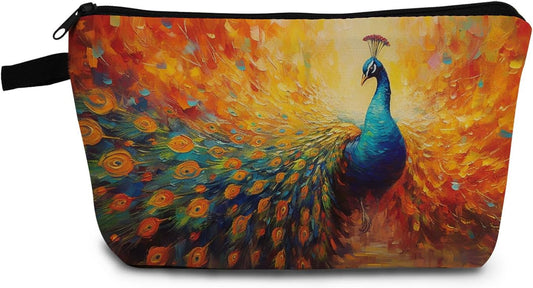 Peacock Present Peacock Pattern Makeup Bag Cute Small Organizer Bag with Zipper Oil Painting Peacock Cosmetic Bag Birthday Present for Peacock Lovers Women Sisters Friends