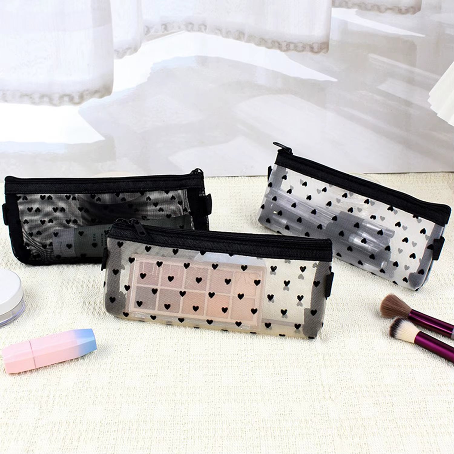 2PCS /3PCS Makeup Brush Storage Mesh Transparent Pencil Case Stationery Bag Stationery Bag Simple Large Capacity Pencil Case