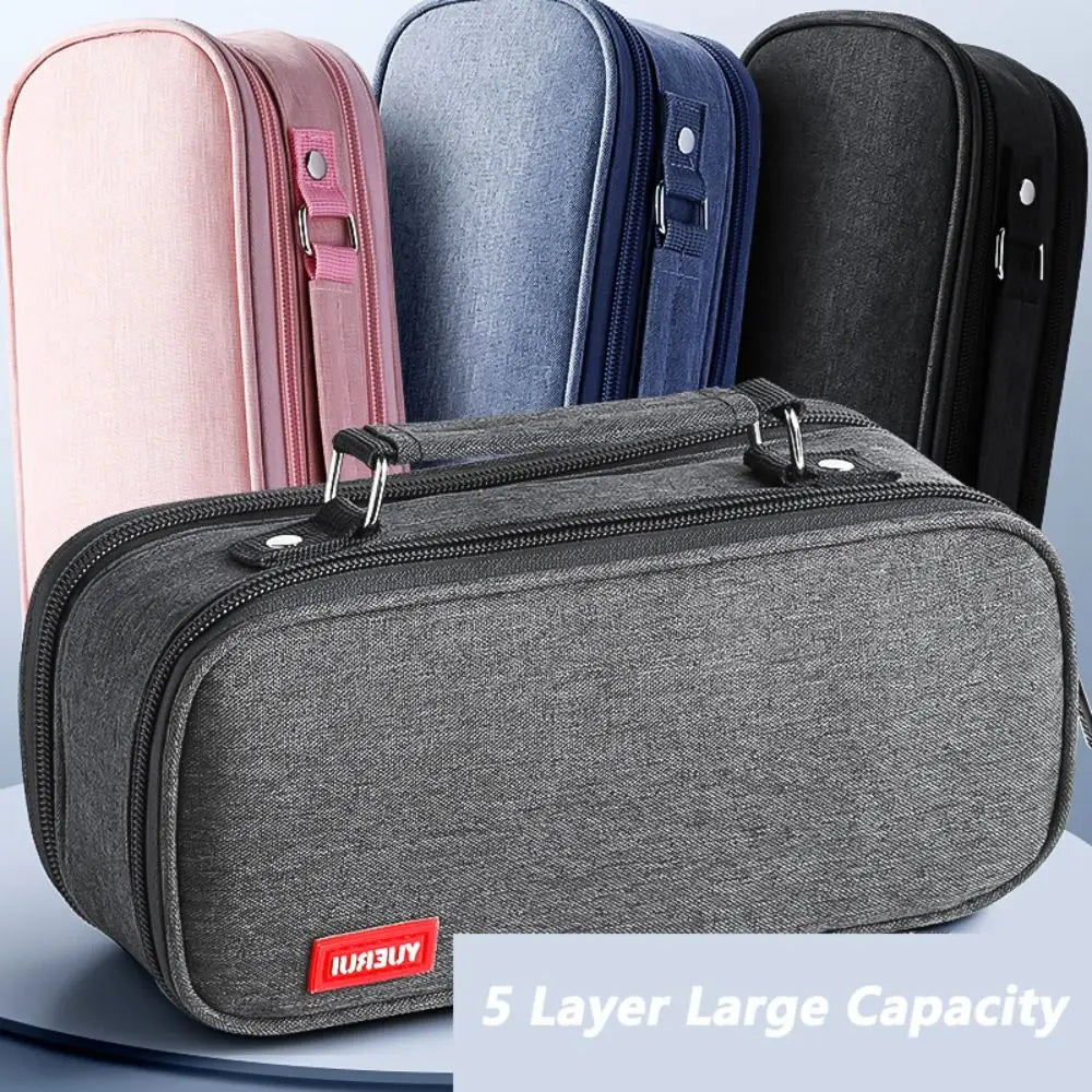 Portable Pen Storage Bag Large Capacity Durable Canvas Pencil Case 5 Layer Solid Color Student Stationery Boxes School Supplies