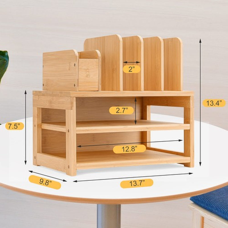 Bamboo Desk Organizer with File Holder Office Organization for Desks Adjustable