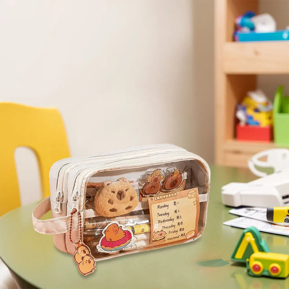 Capybara Kawaii Pencil Case with Compartments Stationary Bag Clear Pen Bag with Sticker Pendant for Office College School