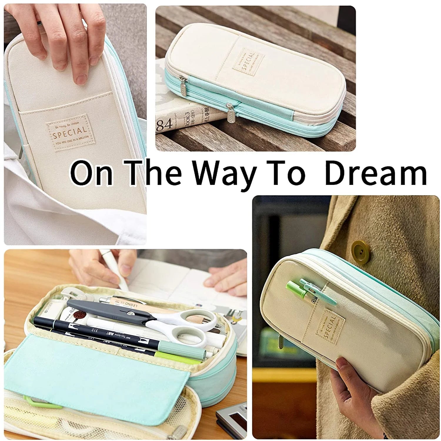 Big Capacity Pencil Pen Case Large Storage Pencil Bag Pouch Organizer (Cyan)