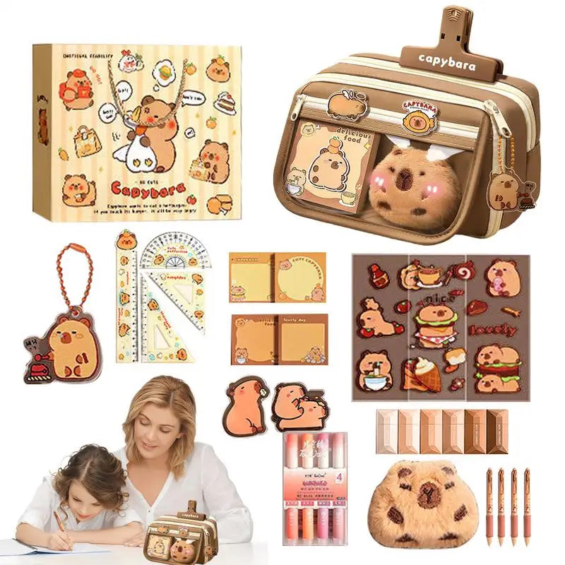 Large Capacity Pencil Case F-Lip Cover Stationery Pencil Bag Simple Capybara Stationery Storage Bag School Office Supplies