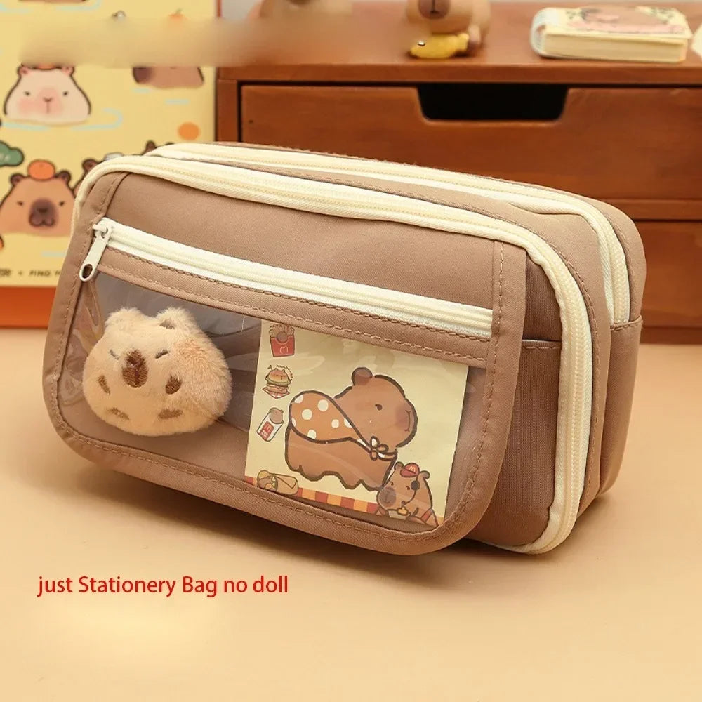 Fashion Cartoon Canvas Pen Bag Cute Cat Flip Cover Pencil Case Portable Large Capacity Retro Puppy Pen Pouch for Student Office