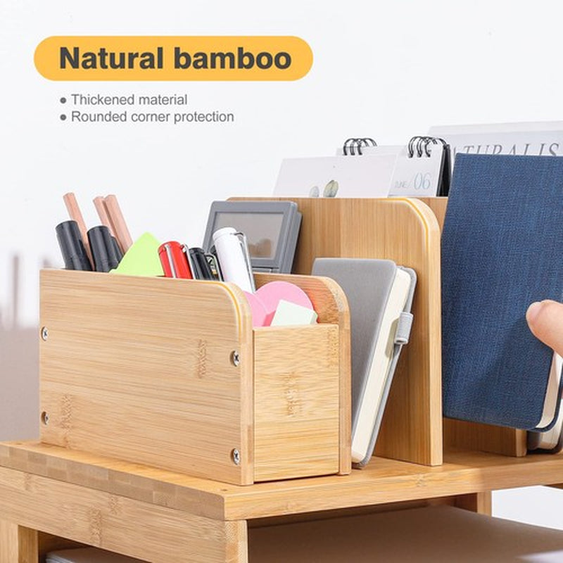 Bamboo Desk Organizer with File Holder Office Organization for Desks Adjustable