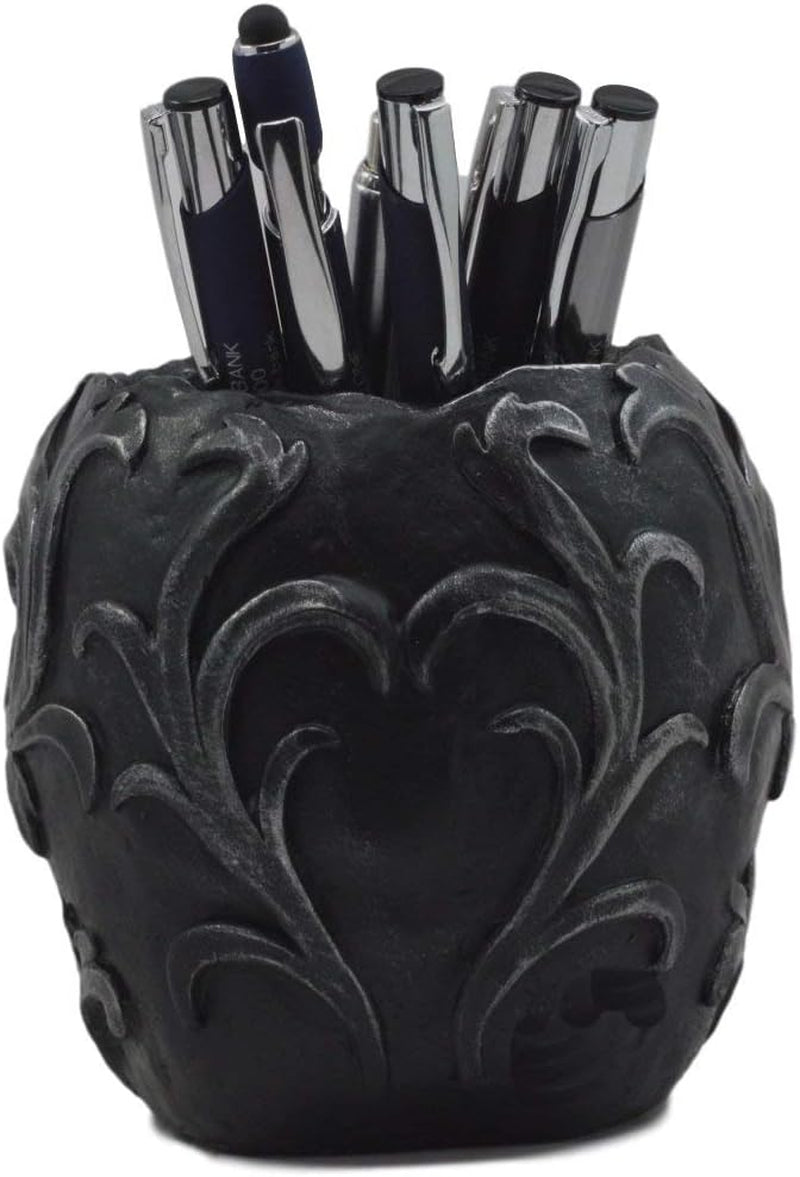 Set of 2 Tribal Tattoo Floral Skull Pen Holder Figurine 5.75" L Office Desktop Ossuary Skulls Decor Cranium Skeleton Head Stationery Holder as Halloween Macabre Graveyard Spooky Statue