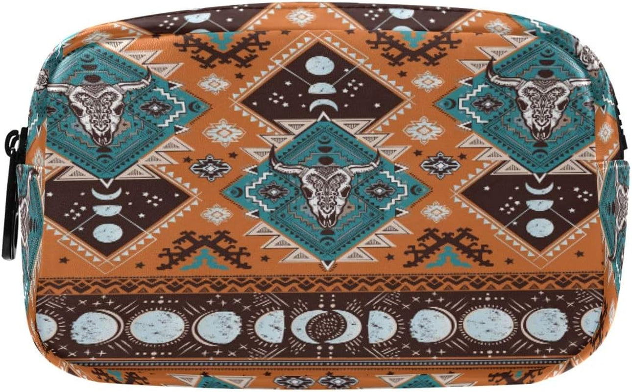 Indian Tribal Aztec Ornament Geometric Pattern with Skulls Cosmetic Bag Leather Pencil Case Waterproof Portable Travel Makeup Pouch with Zipper for Women