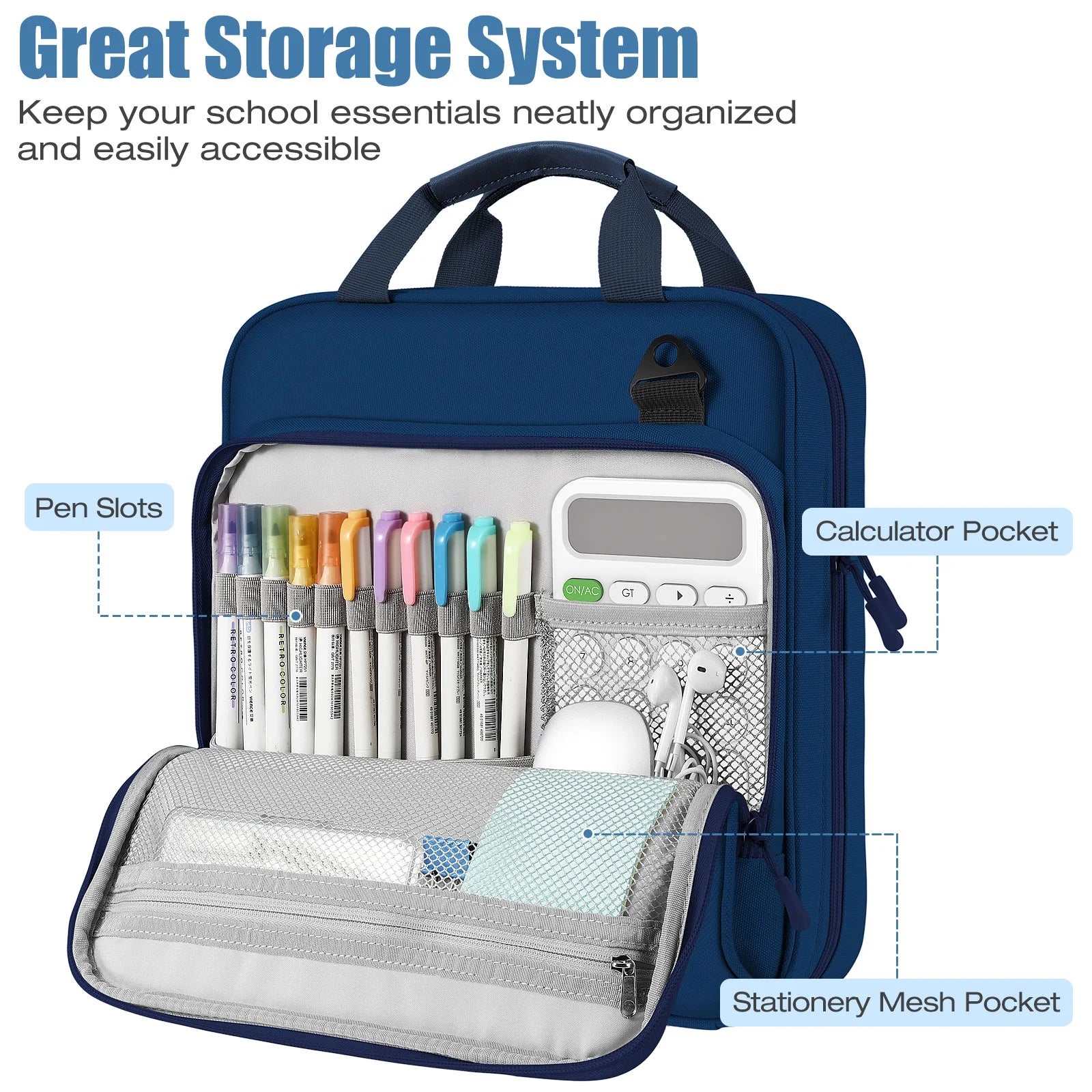 Zipper Binder, 2 Inch 3 Ring 500 Sheet Capacity Multi-Pockets Binder Organizer with Strap Handle, Indigo