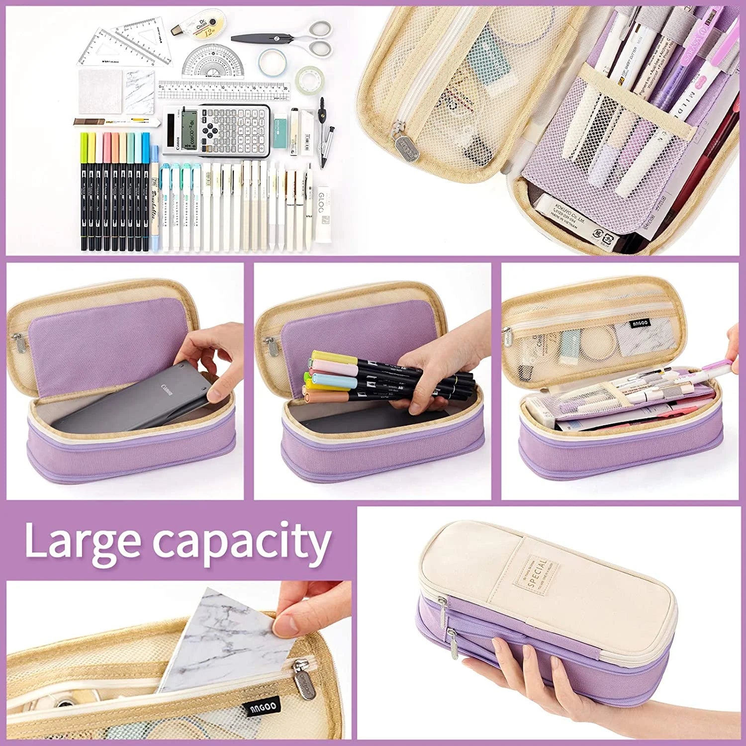 Big Capacity Pencil Pen Case Large Storage Pencil Bag Pouch Organizer (Purple)