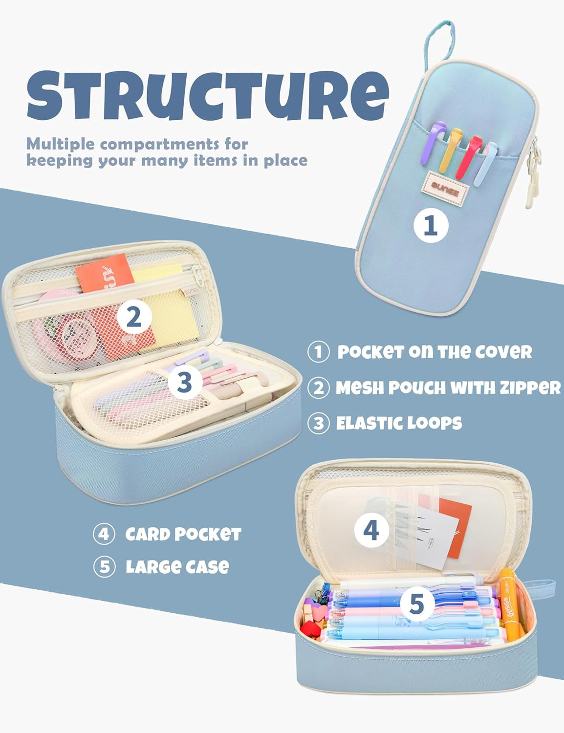 SUNEE Cute Pencil Case, Aesthetic Pen Pouch, Colored Large Pencil Bag with Zippe